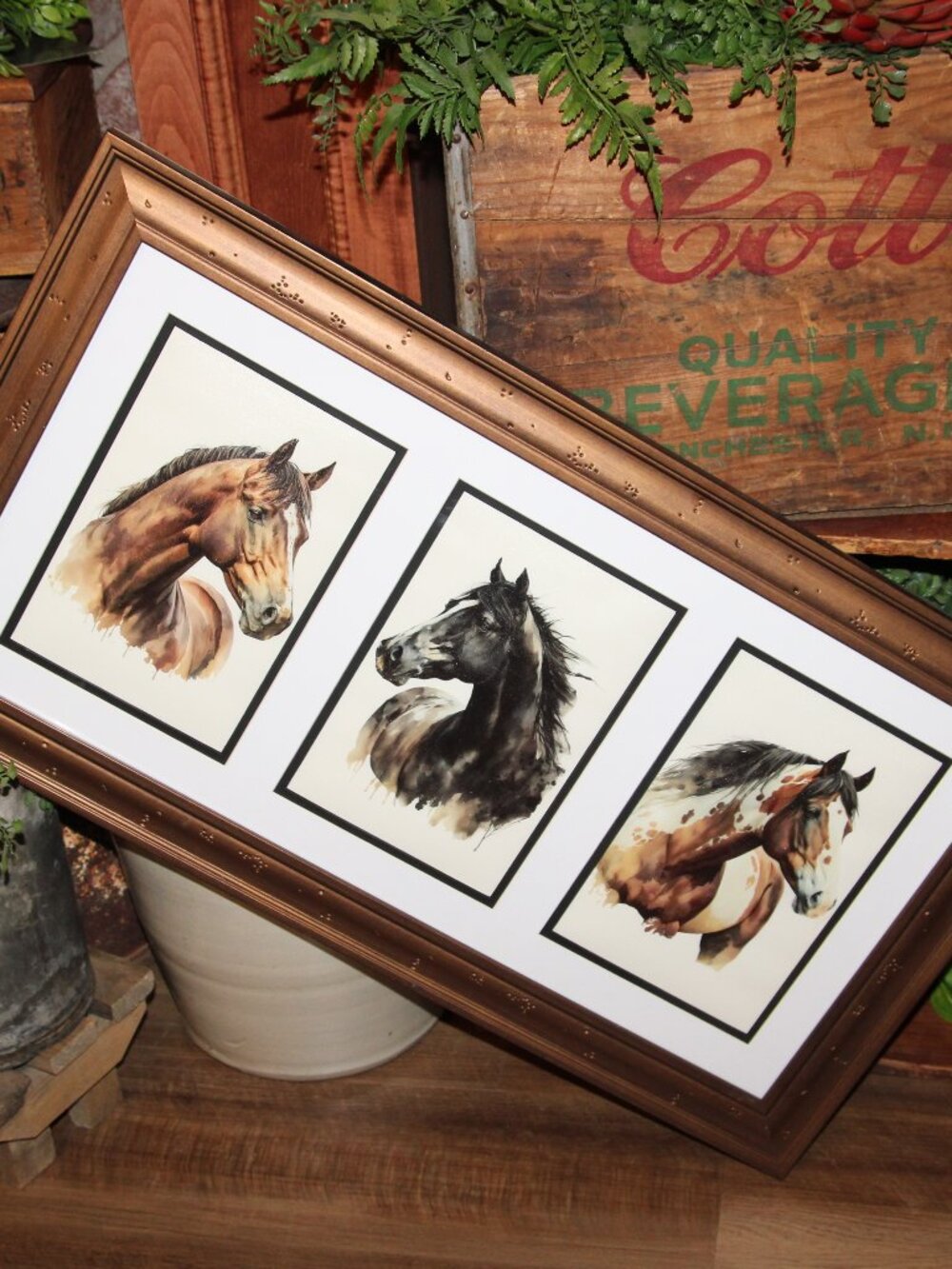 Large Matted Framed Rustic Horse Head Trio Western Farmhouse Wall Decor Art